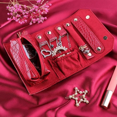 Red Pu Portable Travel Jewelry Roll Bag